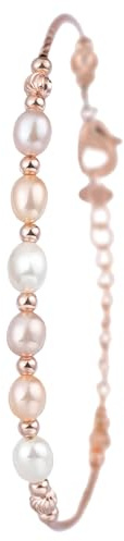 JewelryWe Pulsera Perlas Ovaladas Mujer: Pulseras Delicada de Oro Rosa de Acero Inoxidable para Señora Cadena de Extensión Ajustable Hipoalergénico Antialérgico - Para Uso Diario Regalo