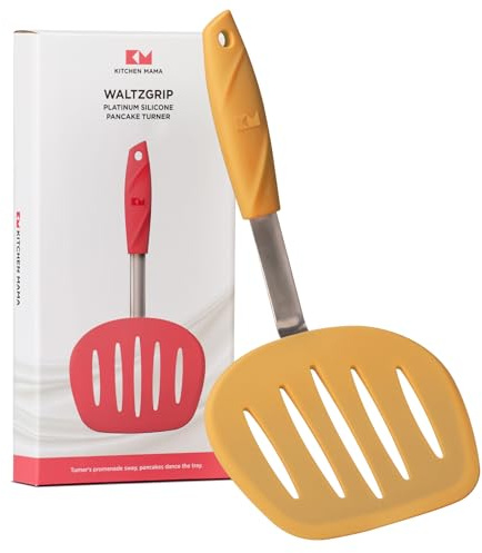 Spatule à Crêpes en Silicone Platine WALTZGRIP Kitchen Mama: résistant à la chaleur, tête large et fendue, noyau en acier inoxydable, durable, lavable au lave-vaisselle (Jaune)