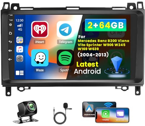 Inefala 9 Inch Autoradio Android för Mercedes Benz B Class B200 W245 W169 W639 Vito Viano W906 Sprinter 2 DIN Skärm (2 + 64GB) med trådlöst CarPlay Android Auto FM RDS GPS Bluetooth WiFi