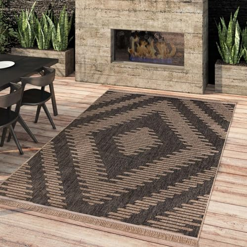 Taracarpet Outdoor & Indoor Teppich wetterfest Borneo Premium Sisal-Jute-Optik Natur für Wohnzimmer, Küche, Balkon, Wintergarten Karo anthrazit 080x150 cm