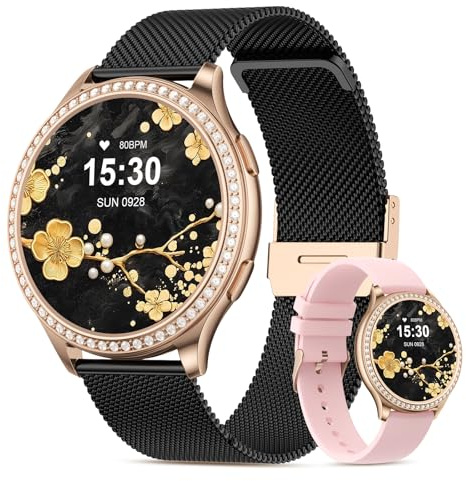 elfofle Montre Connectée Femme avec Appel Bluetooth, 1.32 IPS écrans tactiles, 120+ Modes Sportifs SpO2 Cycle Menstruel Sommeil Etanche IP68 Fitness Podomètre Montre iOS Android (Or Noir)