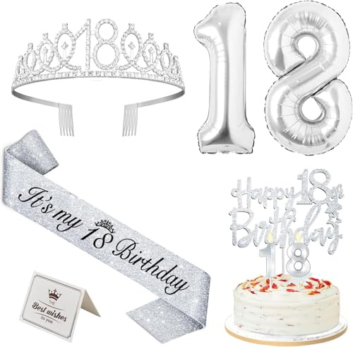 Decorazione per 18° compleanno per ragazze, 18° compleanno, corona e fascia, decorazione per torta e candele, palloncini argentati, regali per ragazze di 18 anni