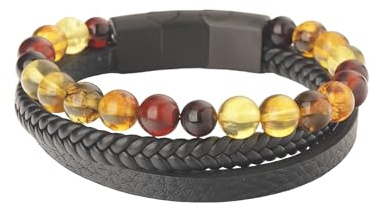 Handgjort armband-naturlig bärnsten och läder-magnetiskt spänne i svart
