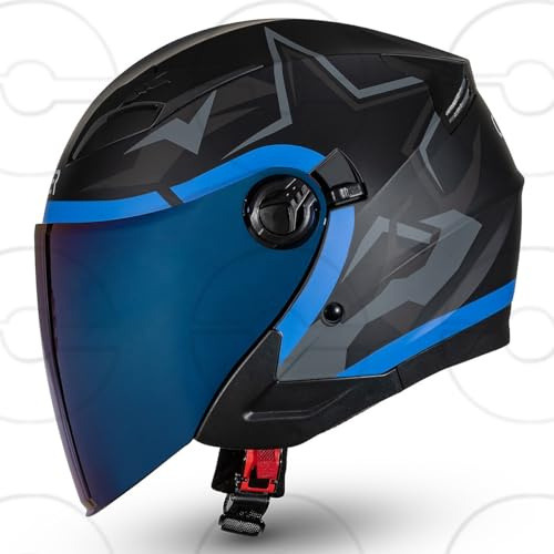 CRUIZER Casco moto jet omologato STAR Nero Blu doppia visiera trasparente sole (L)