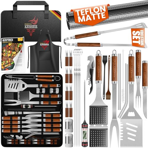 KESSER® Grillbesteck Set 37-teilig Grillzubehör aus rostfreiem Edelstahl Grillset mit Grillzange, Grillwender, 4in1 Grillspatel, Grillgabel, Grill-Spieß, Thermometer, Korkenzieher, Grillmatte & Tasche