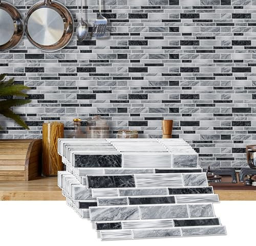 AMOYUN Tile Stickers for Kitchen - Removable Vinyl Self Adhesive Wall Tiles, Waterproof Peel and Stick Tile Backsplash for Bathroom Splashback (12cm x 24.6cm, Stone Effect