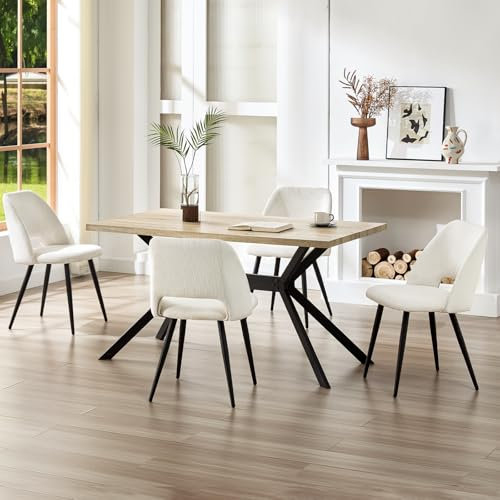 ANVOFONG Essgruppen Esstisch mit 4 beige Stühlen,140 x 80 x 76 cm Rechteckig Esstisch aus helles Holzfarbe,Esszimmerstühle mit Skelettierte Rückenlehne