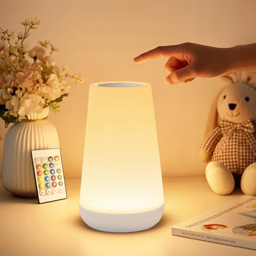 Bonsery LED sänglampa touch dimbar med fjärrkontroll, varm barnnattlampa dimbar amningsljus batteri med minne, beröring med 13 färgförändringar för baby amning vuxen camping (vit)