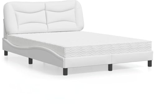 Mandloder Hvar säng med madrass, vit, 140 x 190 cm, konstläder, vågformsdesign, komfortskummadrass H2/H3, hållbar sängram