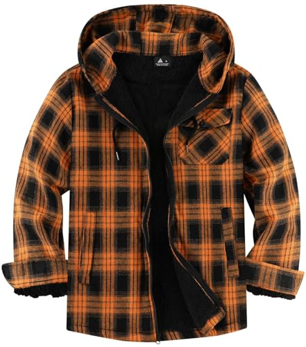 geeksport Men's Fleece Flannel Jacket Full Zip Padded Lumberjack Warm Plaid Hoodies with Sherpa Lining Winter Coat for Outdoor & Casual Wear