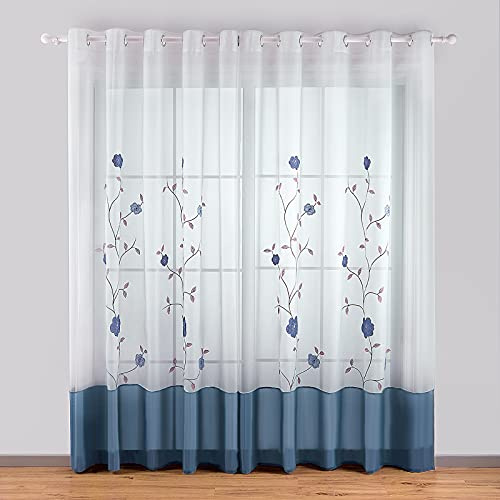 SIMPVALE 2 Pezzi Tenda per Interni, Blu 140x260 cm Tende per Finestre con Motivo a Floreale Ricamata, Tenda Semi Trasparente Voile con Occhielli per Camera da Letto e Salotto