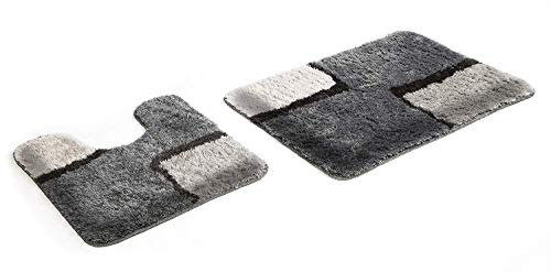 S&S-Shop Badematte Set | grau | Paris | 2 teilig | mit Ausschnitt | rutschfest | WC-Vorleger 55 x 55 cm | Badvorleger 58 x 90 cm | Badteppich | Teppich | Bad | Badezimmer