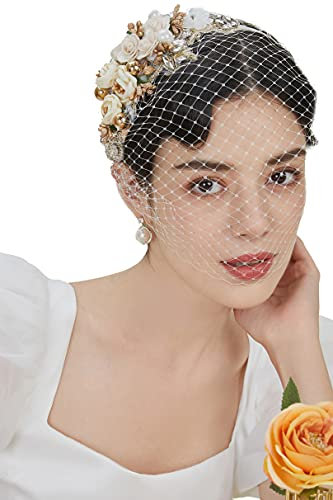 Babeyond Fascinator im Stil der 1920er Jahre, Netzstoff, Blume, Perlen, Schleier, Stirnband, Brautschmuck, Hochzeit, Teeparty, Schleier, für Damen, Beige, 1 Count (Pack of 1)