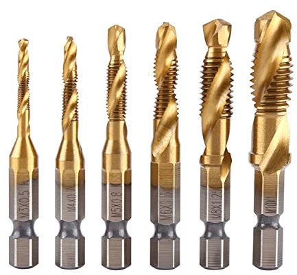 Lwuey Broca Roscadora Métrica, Juego Combinación HSS Recubiertas 6Piezas Retorcidas Conjunto Madera Plástico Aluminio Cobre Cabezales Taladrado Corte Metal Alta Dureza M3-M10 Titanium Coated Machos