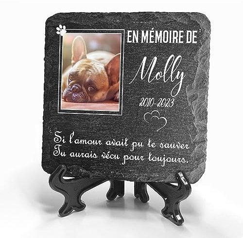 TULLUN Plaque Naturelle commémorative carrée Gris foncé personnalisée pour Pierre tombale en Ardoise pour Chien Chat avec Support - Taille 10 x 10 cm - Photo Cadre Blanc