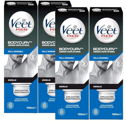 Veet For Men Crema Depilatoria Ascelle Uomo per Pelli Sensibili Rimuove Peli in 5 Minuti Formula Dermatologicamente Testata - 4 Flaconi da 100ml