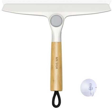 MR.SIGA Allzweck-Silikonabzieher für Duschtür, Spiegel, Glas, Streifenfreier Duschabzieher, Schwenkbarer Bambusgriff, inkl. 1 Saughaken, 25,4 cm Breit, Weiß, 1 Packung