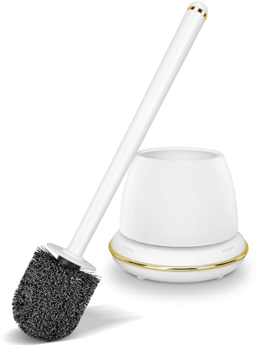 Gold Toilet Brush and Holder Set, Toilet Bowl Brush with Long Handle, Easy to Assemble of Compact Toilet Scrubber, Toilet Brush Set with No Leaks Have Vent, Stylish Gold Bathroom Accessories. U