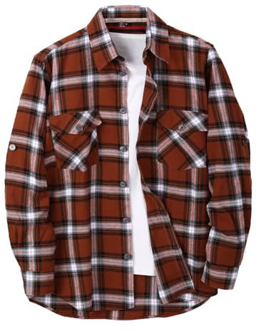 Camicia da uomo in flanella, stile boscaiolo, marrone, vintage, a quadri, camicia chemise 2 stili Madras mezza foderata, tasche di bufalo o plaid The Kew, Il cotone speciale Madras, XL