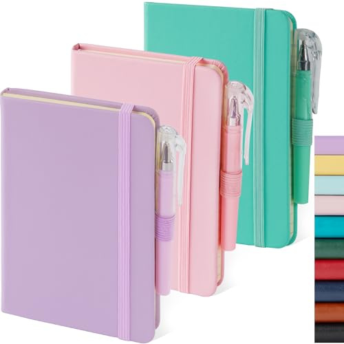 Confezione da 3 piccoli quaderni tascabili da donna, 9,4 x 14,5 cm, formato A6, mini taccuino tascabile con penna, grazioso taccuino tascabile per scrivere, copertina rigida in pelle, rosa, viola