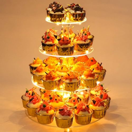 Ulifeme 4 Tier Cupcake Stand Acrylic Round Tower Display + Yellow LED String Light, Cake Holder Dessert Tree Tower for Birthday, Wedding, Graduation, Anniversary & Party Decoration, Dia 15/20/25/30cm