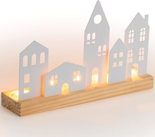 Sziqiqi House Tealight Holder for Christmas: Wooden Candle Holder with 5 Metal House Decorative Christmas Village Tea Light Candle Holder Set for Living Room Shelf Fireplace Indoor Ornament