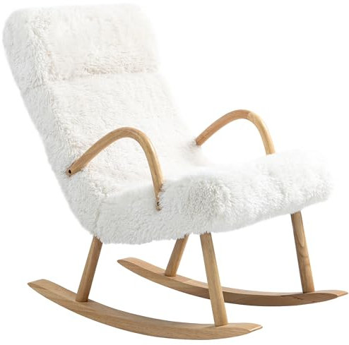 HOMCOM Schaukelstuhl Schwingsessel Armlehnsessel, Stillsessel mit Wollenoptik, Schaukelsessel bis 120 kg Belastbarkeit für Schlafzimmer, Wohnzimmer, Weiß