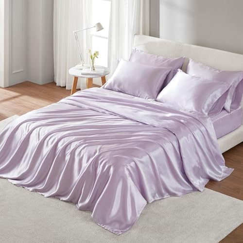 Madison Park Satin Sheets Full Size, Luxurious Silky Bed Sheets, Elastic 14 Pocket fits up to 16 Mattress, Wrinkle-Free, Soft Satin Bed Sheet Set, Lilac 6 Piece