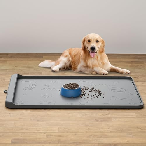 Synvion Hunde Futtermatte Katzen Futtermatte, wasserdichte Haustierfutter Matte für Hunde & Katzen, rutschfest & Mit Hohem Rand, Große 91×61cm Napfunterlage für Futternapf & Wassernapf