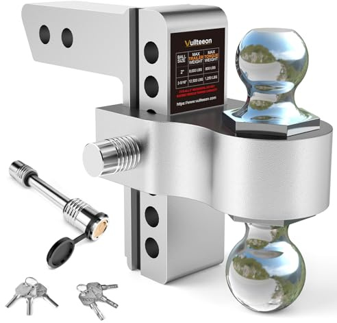 Vullteeon Adjustable Trailer Hitch-Drop Hitch for 2 inch Receiver, 6 Inch Drop/Rise, 2 & 2-5/16 Ball Hitches 12,500 LBS GTW, Aluminum Truck Hitch with Two Anti-Theft Pins Locks