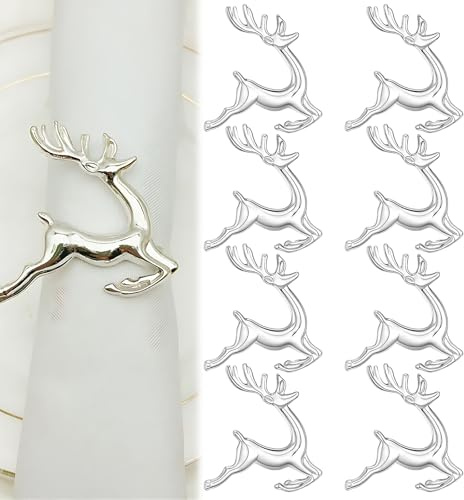 Christmas Napkin Rings, 8 Silver Reindeer Napkin Holders, Elegant Christmas Tableware for Holiday Party Decor, Wedding Reception Table Setting, Thanksgiving Dinner Decoration