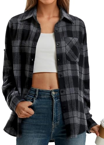 Stamain Camicia a Quadri Donna Elegante Classico Camicetta Flanella Maniche Lunghe Cotone Blusa Scozzese Button Down Nero/Grigio L