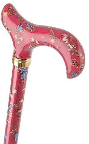 Gehstock Fashion-Derby SPRING-FLORAL schlanker Derbygriff und Stock aus Leichtmetall Blüten-Design auf dunkel-rosé, höhenverstellbar, Gummipuffer.