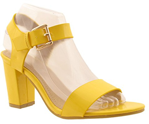 Womens Low MID Heel Block Peep Toe Ladies Ankle Strap Party Strappy Sandals Size UK 3-8 (UK 8/EU41, Yellow Patent)
