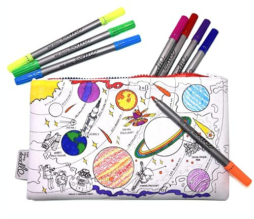 eatsleepdoodle Weltraumforscher-Federmäppchen zum Ausmalen, waschbar und wiederverwendbar, inkl. 10 auswaschbare Stifte, 22x14cm