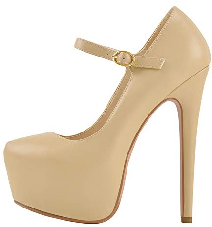 MissHeel Women's Slim High Heeled Court Shoes Buckle Strappy Fashion Mary Jane Platform Pumps Nude Size 8