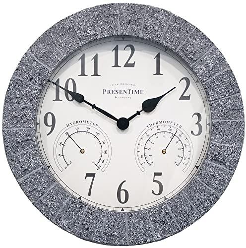 Presentime & Co Sandstone Outdoor Clock with Thermometer & Hygrometer as All in one Weather Station, 14, Gray Sandstone Finish. Weather Thermometer, Outdoor Décor, Wall Décor.