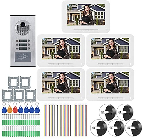 di Videocitofono per 5 Appartamenti, Videocitofono con Visione Notturna IR CUT da 7 Pollici, Videocitofono Antipioggia Citofono di Controllo Accessi per Villa(Spina UE 100‑240