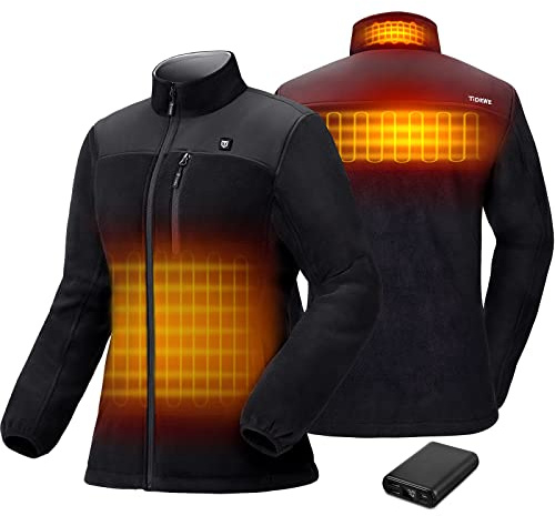 TIDEWE Women’s Heated Jacket Fleece with Battery Pack, Rechargeable Coat for Hunting (Black, Size M)