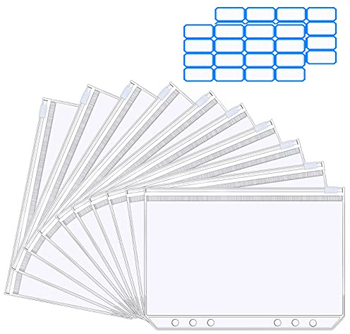 Vicloon Tasche Raccoglitore A6, 10Pcs A6 Formato 6 Fori Raccoglitore Sacchetto, PVC Borsa per Raccoglitore Cerniera in Plastica con 2Pcs Etichette, Borsa per Documenti per Notebook, Quaderni e Carte