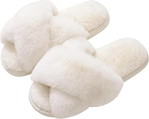 flintronic Pantoufles Moelleuses pour Femme, Pantoufles de Maison à Bande Croisée, Pantoufles en Fausse Fourrure, Pantoufles à Bou Ouvert en Fourrure, Chaussures de Maison Confortables en Peluche