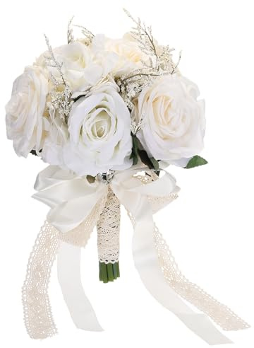 PATIKIL Artificial Bridal Bouquet, Bride Bouquets Wedding Flowers Bouquets with Silk Ribbon for Bride Bridesmaid Wedding Ceremony, White