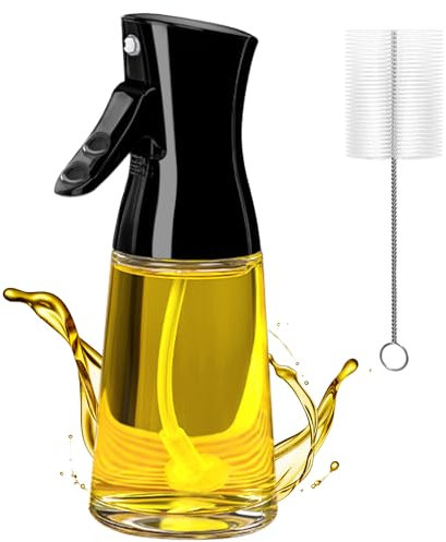 PLACHIDAY Olive Oil Sprayer - 180ML Glass Oil Dispenser Bottle with Brush, Spray Mister for Cooking, Kitchen, Salad, Barbecue, Black