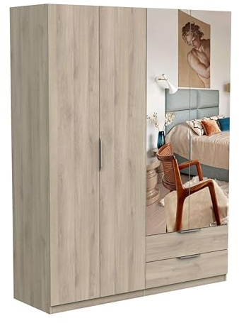 Miroytengo Armario Dormitorio Ghost 4 Puertas, 2 cajones y 2 Espejos Melamina Color Roble Kronberg 158x51 cm