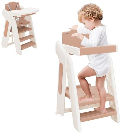 Foldable Kids Step Stool, Learning Tower with Adjustable Height,Kitchen Step Stool and Baby HighChair Set,Standing Tower for kitchen Counter Bathroom