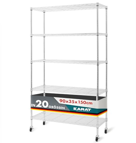 KARAT Metallregal dekoratives & Robustes Lagerregal, Kellerregal für Bad, Küche, Büro, Wohn- und Außenräume (Mit Rädern-90x35x150-chrome-maya: ⌀19mm)