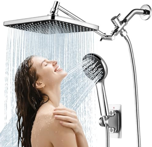 RNDIOZD Rain Shower Head with Handheld, 11.8 Inch High Pressure Handheld Shower with Multi Spray Modes, Holder and Rainfall Combo 11'' Extension Arm, Chrome, Bathroom Decor