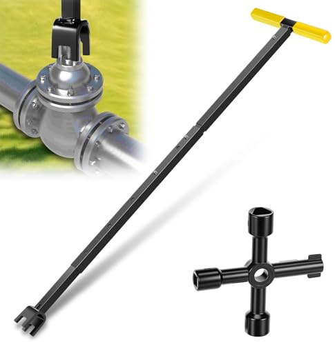 Foppla Clé de compteur d'eau avec outil 4 voies en acier au carbone en forme de T - 43 à 94 cm - Longueur réglable - Clé universelle pour l'entretien des conduites d'eau et des vannes - Jaune