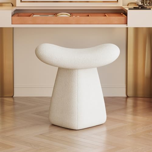 Guyii Boucle Curved Saddle Makeup Stool, Modern Footrest, Entryway Shoe Stool, Upholstered Ottoman, Ergonomic Design for Dressing Table, Entryway, Living Room