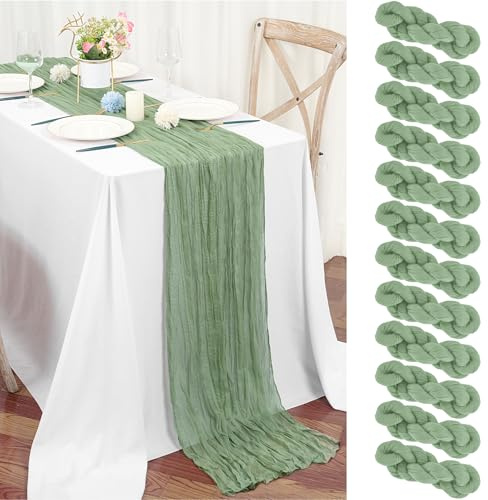 Teruntrue Confezione da 12 Runner da Tavola in Garza Verde Salvia 55x300 cm, Tovaglie Boho in Garza per Decorazioni di Matrimoni, Feste per Bambini, Baby Shower e Compleanni
